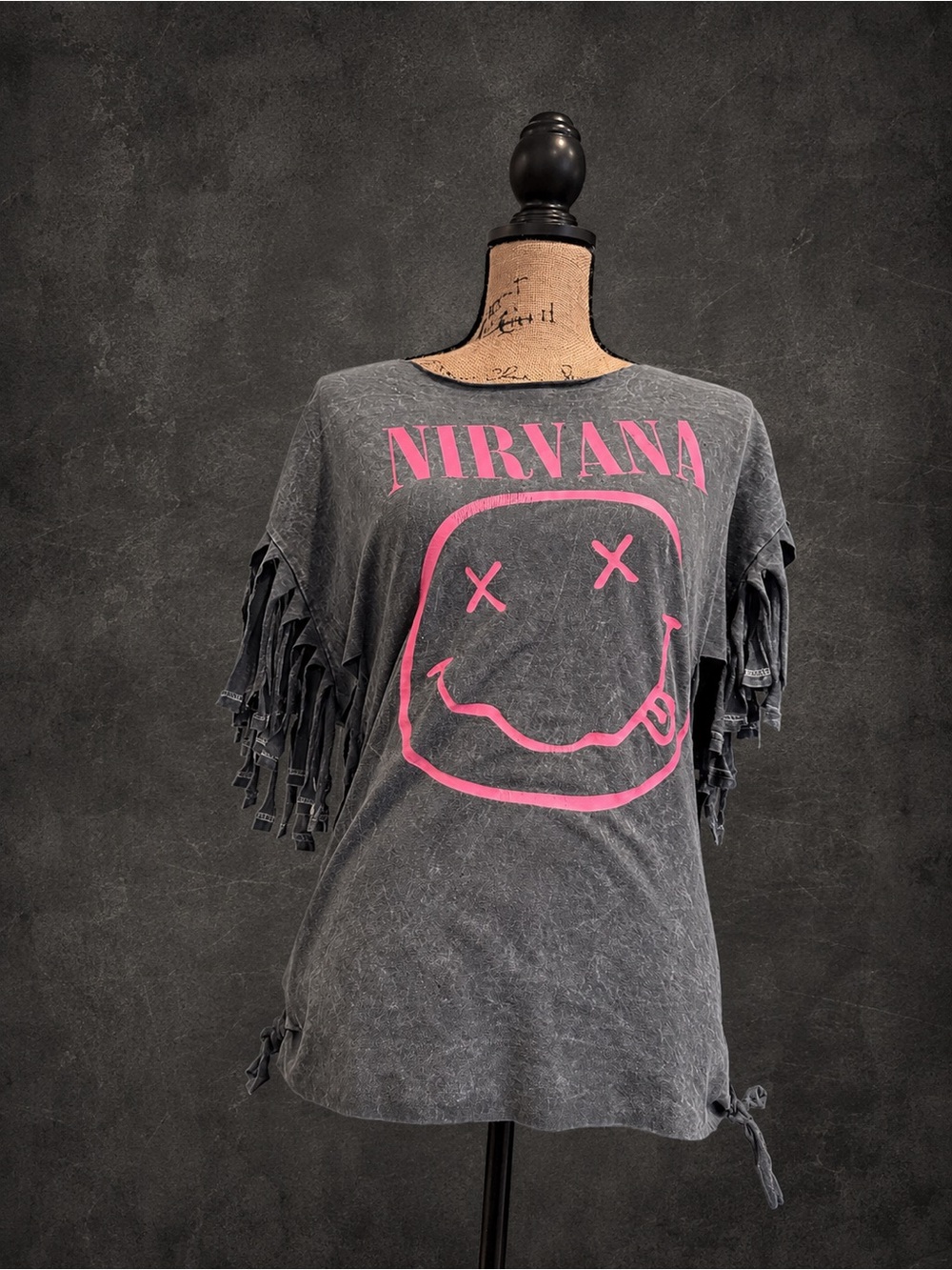 NIRVANA Charcoal Tee with Pink Smiley Graphic